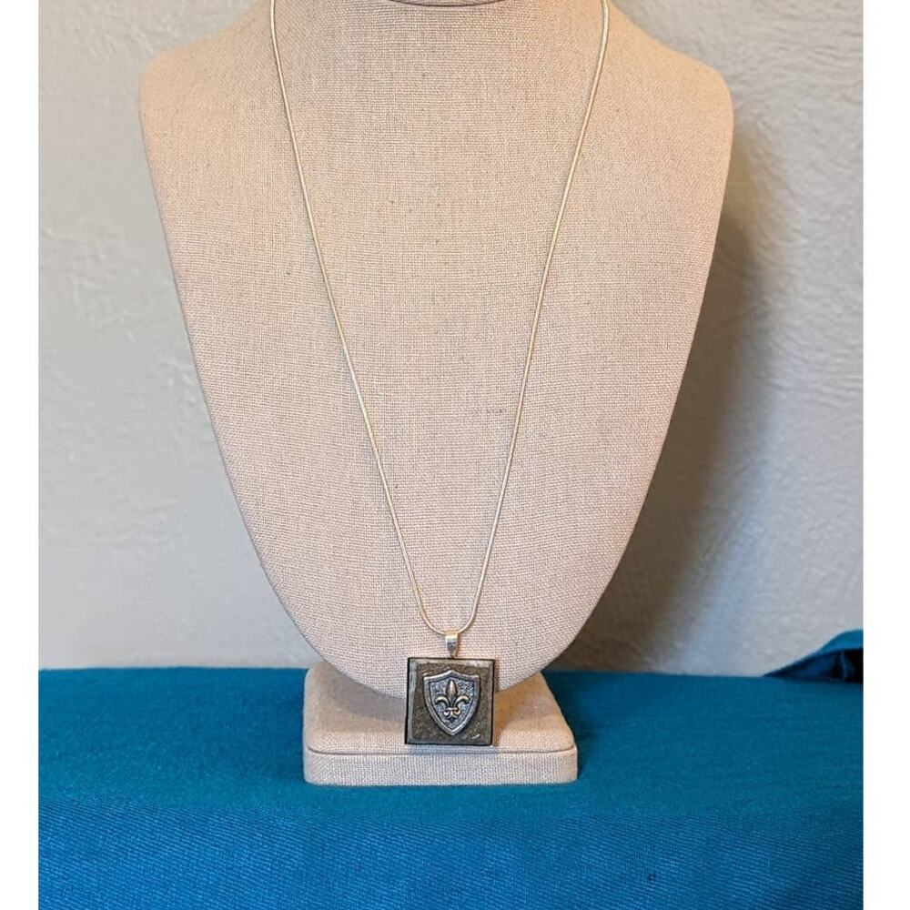 Fleur De Lis Shield On Stone Pendant on 18K Gold Plated 23" Silver Snake Chain